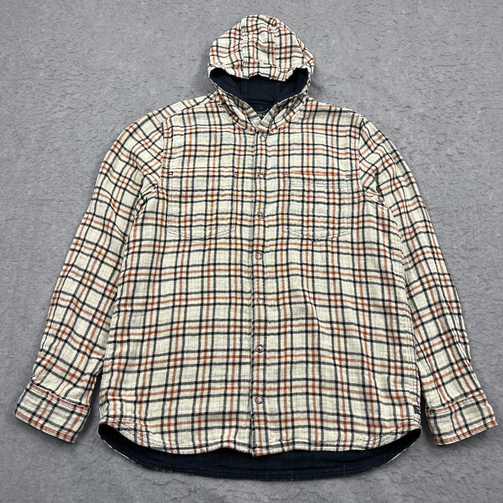 Toad Co Shirt Mens XL Beige/Blue Tamarac Reversible Hoodie Button Up Double Knit